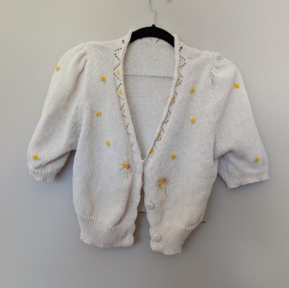 Cider Cream Cropped Cardigan with Yellow Floral Details
